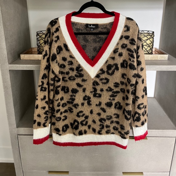 Lulu’s Instinct Leopard Print Color Block V-Neck Sweater - Picture 1 of 2
